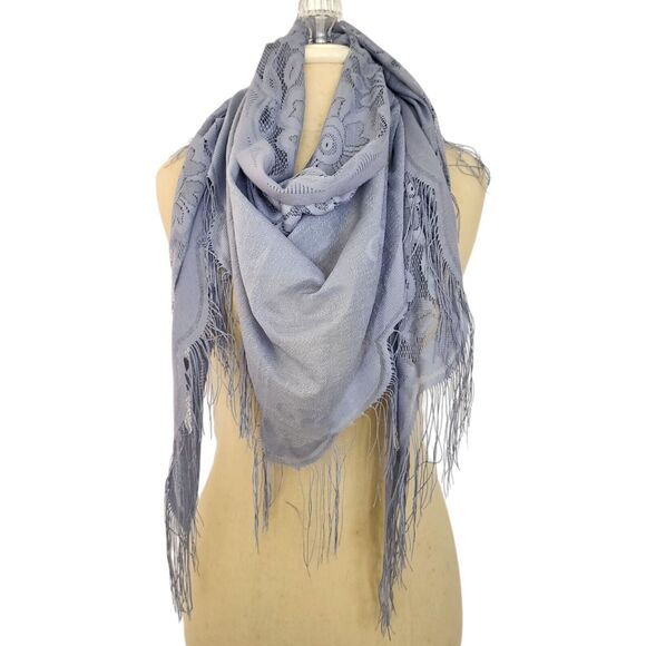 Formal Shawl Fringe Gray Triangle Scarf Lace Evening Shoulder Wrap Romantic - Picture 2 of 7